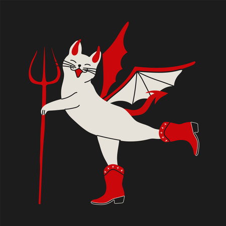 Fantasy Demon Cat in Red Boots Holding Tridentのイラスト素材