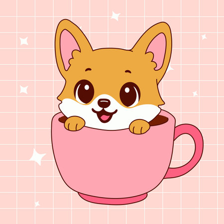 Cute cartoon corgi puppy in pink cup kawaii styleのイラスト素材