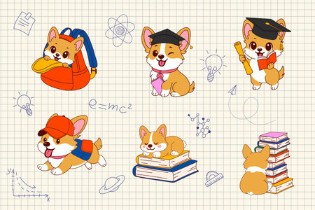 Back to School Corgi Dogs with Graduation and Study Themesのイラスト素材