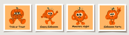Set of Four Funny Pumpkin Characters on Halloween Cardsのイラスト素材