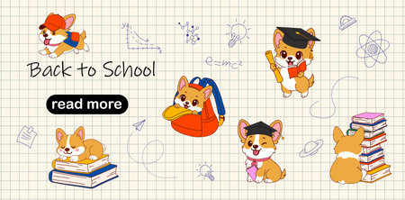 Web page design template. Back to School Corgi Dogs with Graduation and Study Themes. Back to schoolのイラスト素材