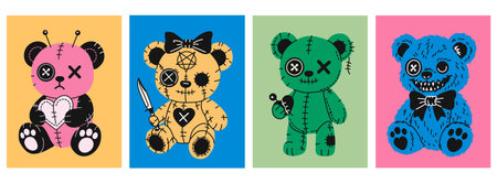 Halloween Plush Bear Characters with Stitches and Buttonsのイラスト素材