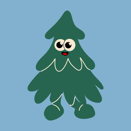 Cute Christmas Tree Cartoon Character with Big Eyesのイラスト素材