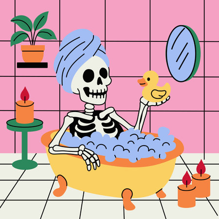 Funny Skeleton Taking a Bubble Bath with Rubber Duckのイラスト素材