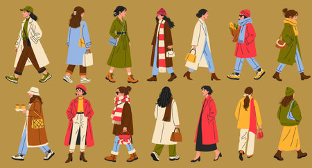 Stylish women walking in various outfits during a cool season in a vibrant urban settingのイラスト素材