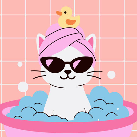 Cute Cat Relaxing in Bubble Bath with Rubber Duckのイラスト素材