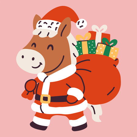 Cartoon Horse Dressed as Santa with Holiday Presentsのイラスト素材