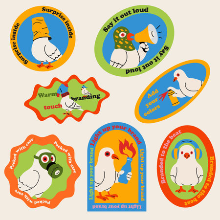 Colorful Sticker Set Featuring Pigeons and Marketing Phrasesのイラスト素材
