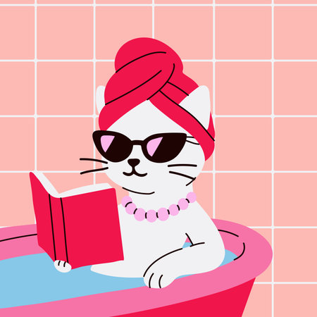 Cute Cat Reading Book in Bubble Bath with Sunglassesのイラスト素材