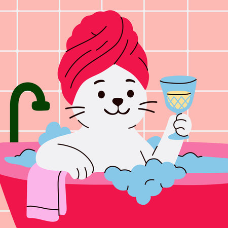 Cartoon Seal in Bathtub with Pink Towel and Glassのイラスト素材