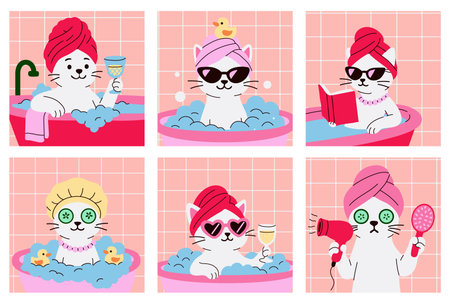 Set of cute cartoon cats in bathtubs enjoying spa and beauty routines with towels, drinks, sunglasses, and bubblesのイラスト素材