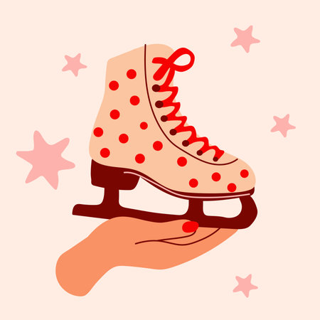 Hand holding colorful ice skate with red dots and lacesのイラスト素材