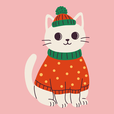 Cozy holiday cat in knitted sweater and hat flat designのイラスト素材