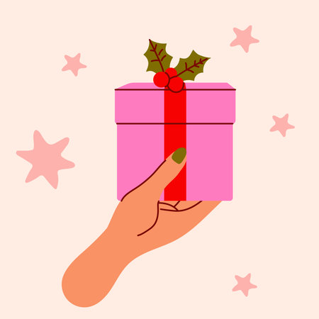 Hand holding pink Christmas gift with holly and red ribbonのイラスト素材