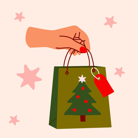 Festive holiday gift bag with Christmas tree design and red tagのイラスト素材