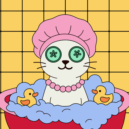 Adorable Cat Relaxing in Bubble Bath with Cucumber Eyesのイラスト素材