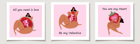 Bold Valentines artwork featuring women and fruits with loving messagesのイラスト素材
