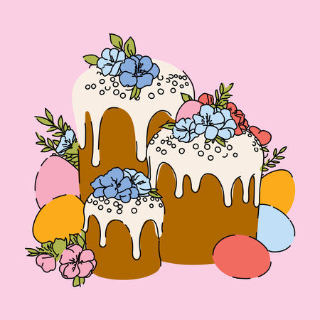 Easter Cakes with Flowers and Pastel Eggs Illustration