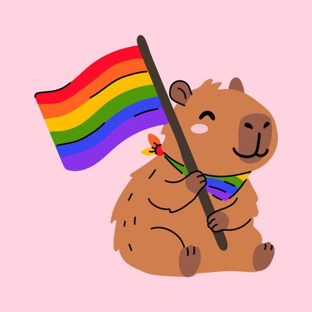 Cute Pride Capybara With Rainbow Flagのイラスト素材