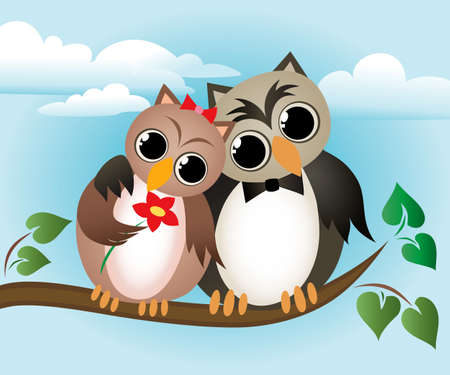 Lovers owl sitting on a branch.のイラスト素材