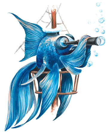 Sailor-fish looking through a spyglass, watercolor illustrationの写真素材