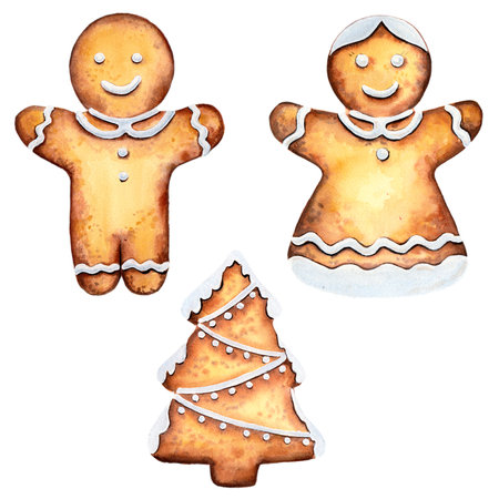 Set of glazed homemade Christmas gingerbread cookies. Watercolor illustration, drawing on paperの写真素材