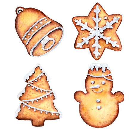 Set of glazed homemade Christmas gingerbread cookies. Watercolor illustration, drawing on paperの写真素材