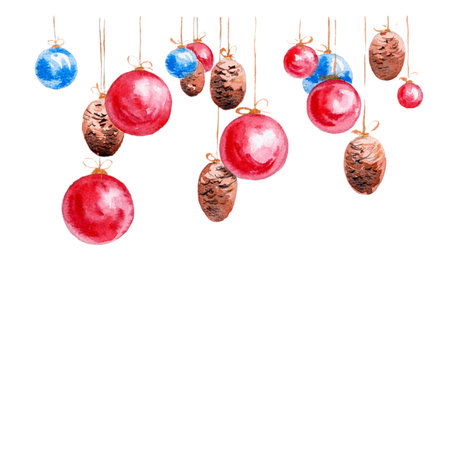 Christmas tree decorations. Holiday watercolor illustration, postcard, backgroundの写真素材