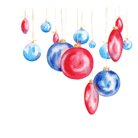 Christmas tree decorations. Holiday watercolor illustration, postcard, backgroundの写真素材