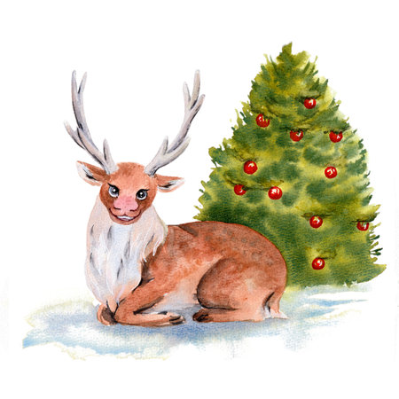 Christmas deer near the Christmas tree. Watercolor illustration, postcardの写真素材