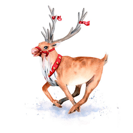 Christmas deer in a red harness and with red ribbons. Watercolor illustration, postcardの写真素材