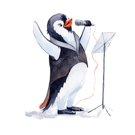 Penguin-musician sings a song. Watercolor illustrationの写真素材