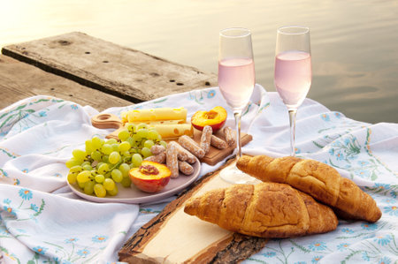 two glasses of champagne and fruit on a wooden platform near the water. Romantic dinner at sunsetの写真素材