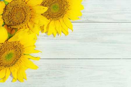 bouquet of yellow sunflowers on a light wooden background with space for textの写真素材