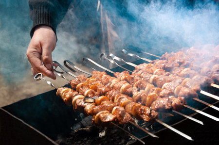 meat kebab on the grill. traditional picnic outdoor barbecue. barbecue grilled meatの写真素材