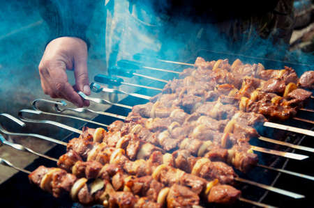 meat kebab on the grill. traditional picnic outdoor barbecue. barbecue grilled meatの写真素材