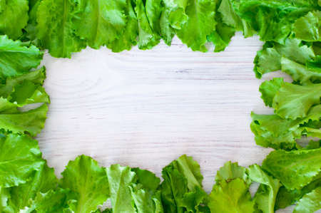 fresh green lettuce salad rests on a wooden boardの写真素材