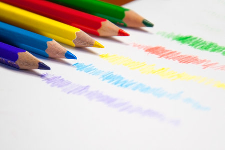 lines made by colored pencils on white background. High quality photoの写真素材