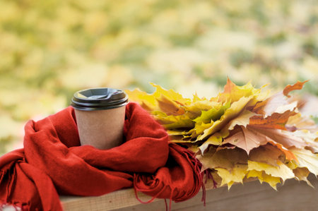 autumn leaves lie near a scarf and coffee against the background of yellowの写真素材