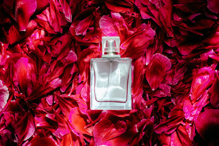 bottle of perfume on peony petals of a beautiful color in the rays of sunlightの写真素材