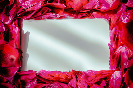 Frame of pink peony petals, illuminated by rays of light