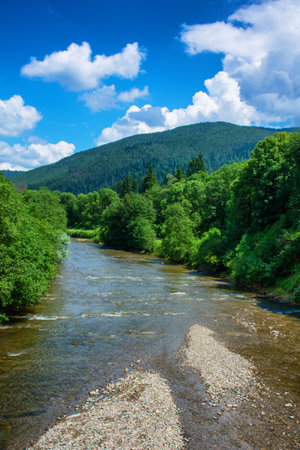 A small rivulet flows at the foot of the mountains, vertical photoの写真素材