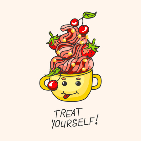 sweet dessert with strawberries, cherries and cream in a mug.のイラスト素材