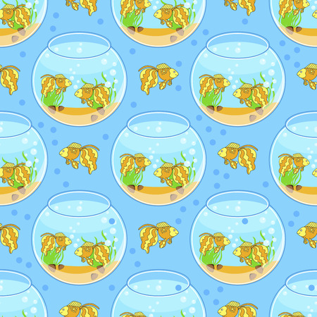 fishbowl pattern with fish and decorations. Blue background.のイラスト素材