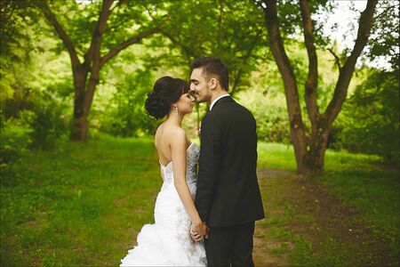 View from back of a couple of lovers, a young beautiful bride in a wedding dress and handsome groom...