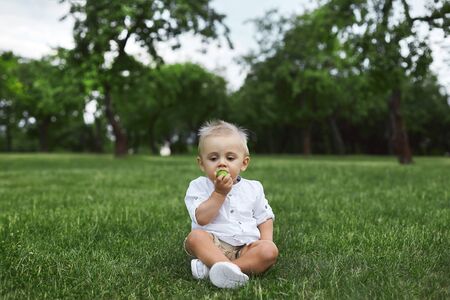 Happy baby boy sitting on the grass and eating a small wild apple in summer day. Small kid 1 year old in trendy and cute clothes posing outdoors in green parkの写真素材