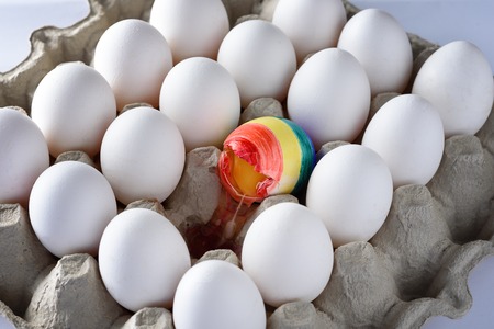 Broken egg with the colors of the LGBT flag surrounded of white other many eggs  in carton  box....