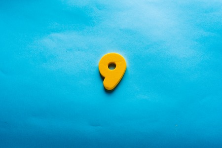 9 years old celebrating classic . Colored happy anniversary 9 th template yellow  numbers. Greetings celebrates card. Traditional framed digits of ages. Sale, special prize, % off concept.の写真素材