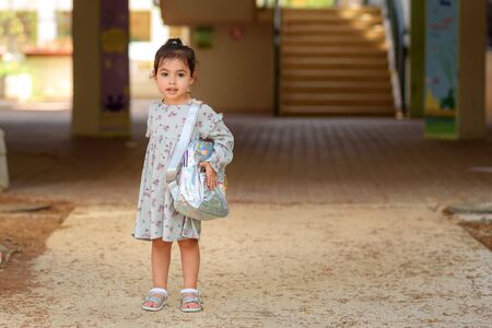 Pupil kid going to school in first grade with holographic schoolbag or satchel, child walking to...