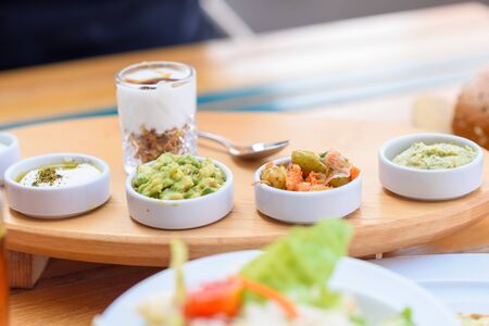 Delicious Mediterranean breakfast in the port of Tel-Aviv, Israel.の写真素材